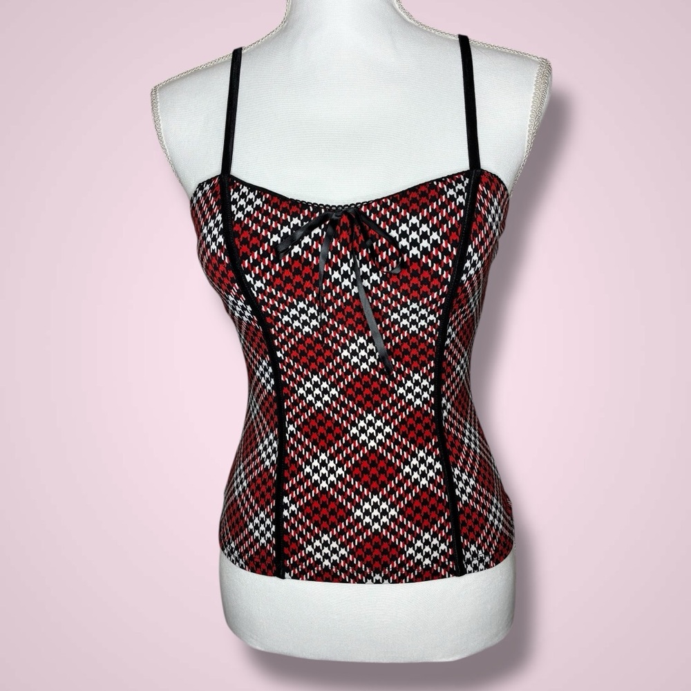 Vintage Y2K Red Black Herringbone Goth Corset cami Top Size Small